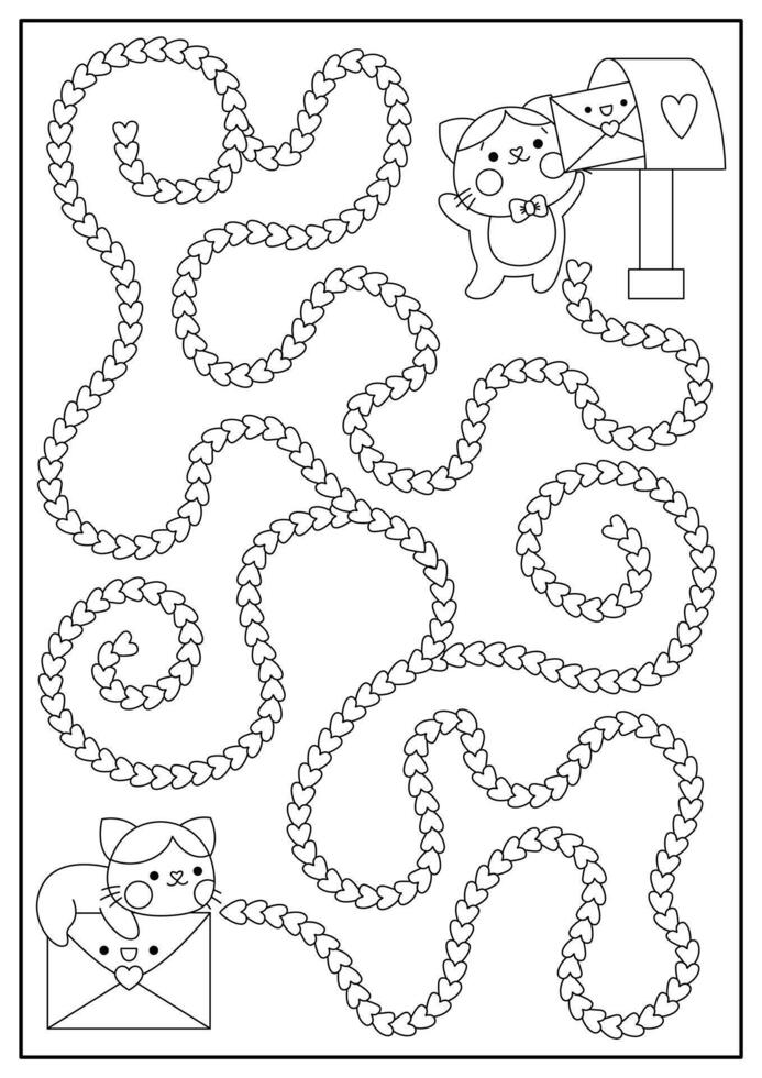 Saint Valentine black and white maze for kids. Love holiday line printable activity with kawaii cat, love letter. Labyrinth game, puzzle, coloring page with cute boy kitten sending envelope with heart vector