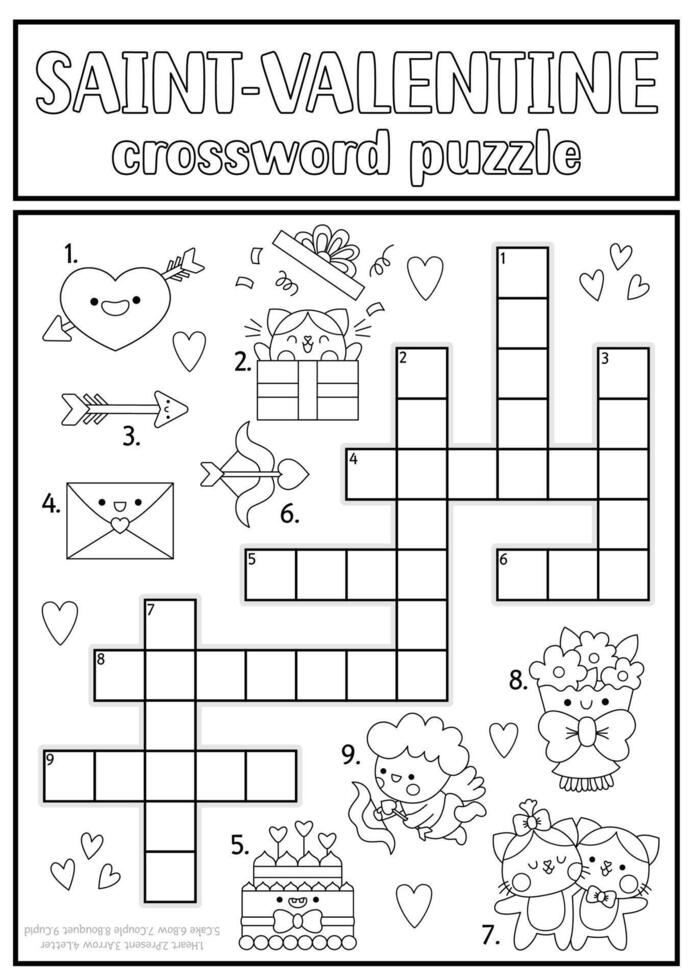 Saint Valentine black and white crossword puzzle for kids Love holiday