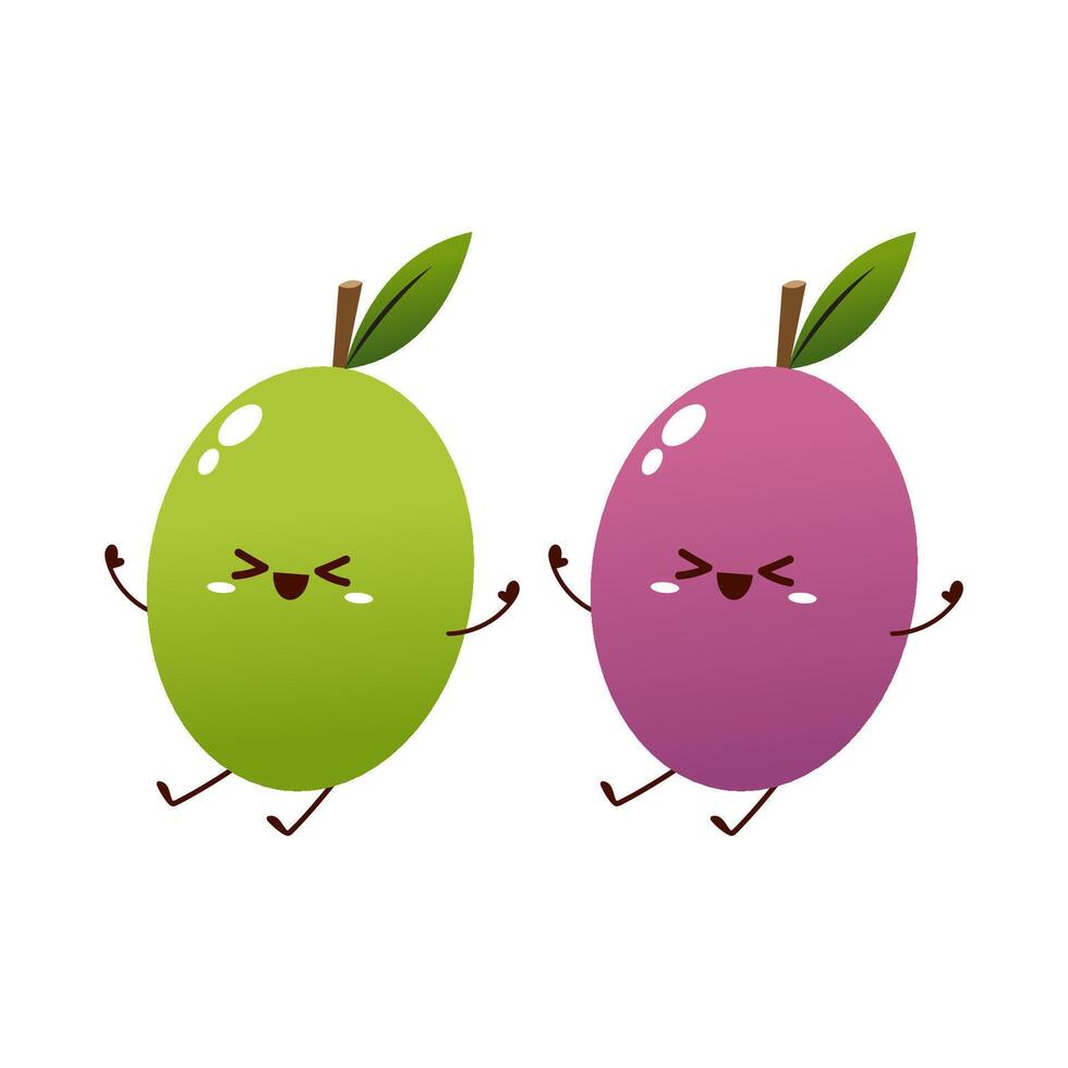 Prunes cartoon . Prunes character design. Fresh plum with green leaf in cartoon style. whole and parts sweet plum isolated on a white background. vector