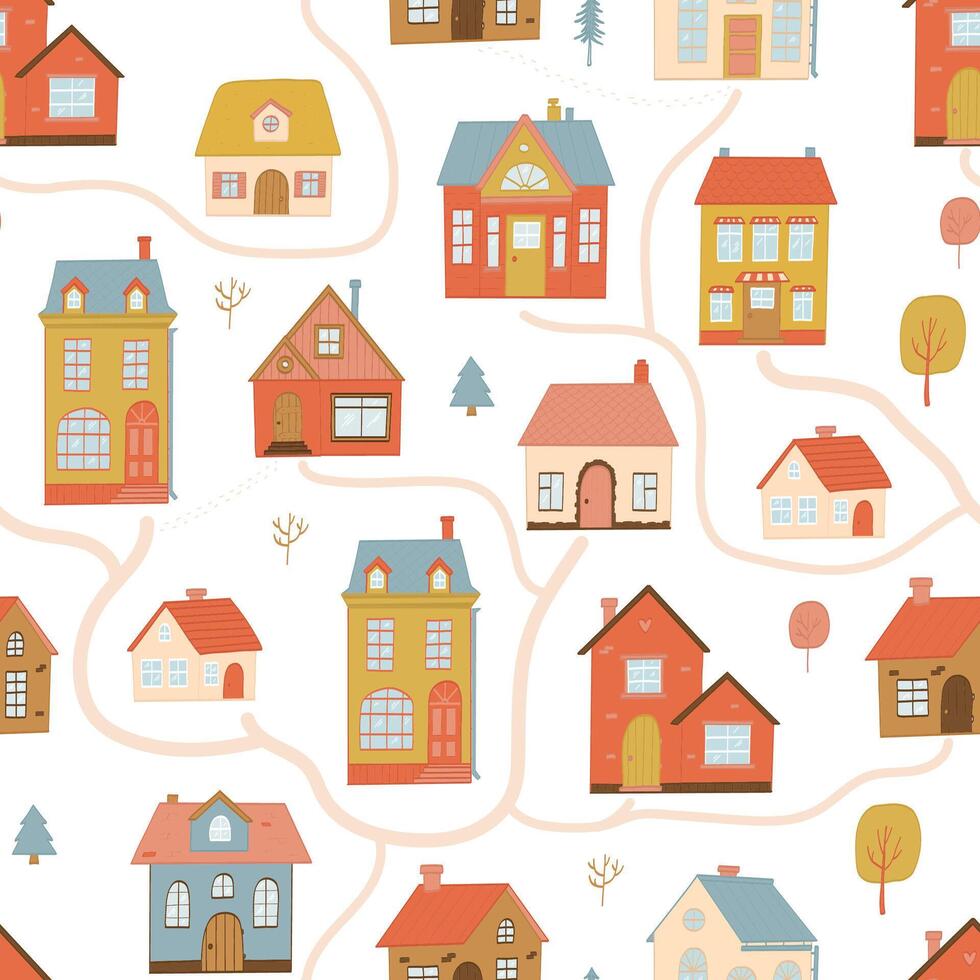 Cute cottages, countryside houses seamless pattern with doodles for prints, wallpaper, scrapbooking, backgrounds, wrapping paper, textile, etc. EPS 10 vector