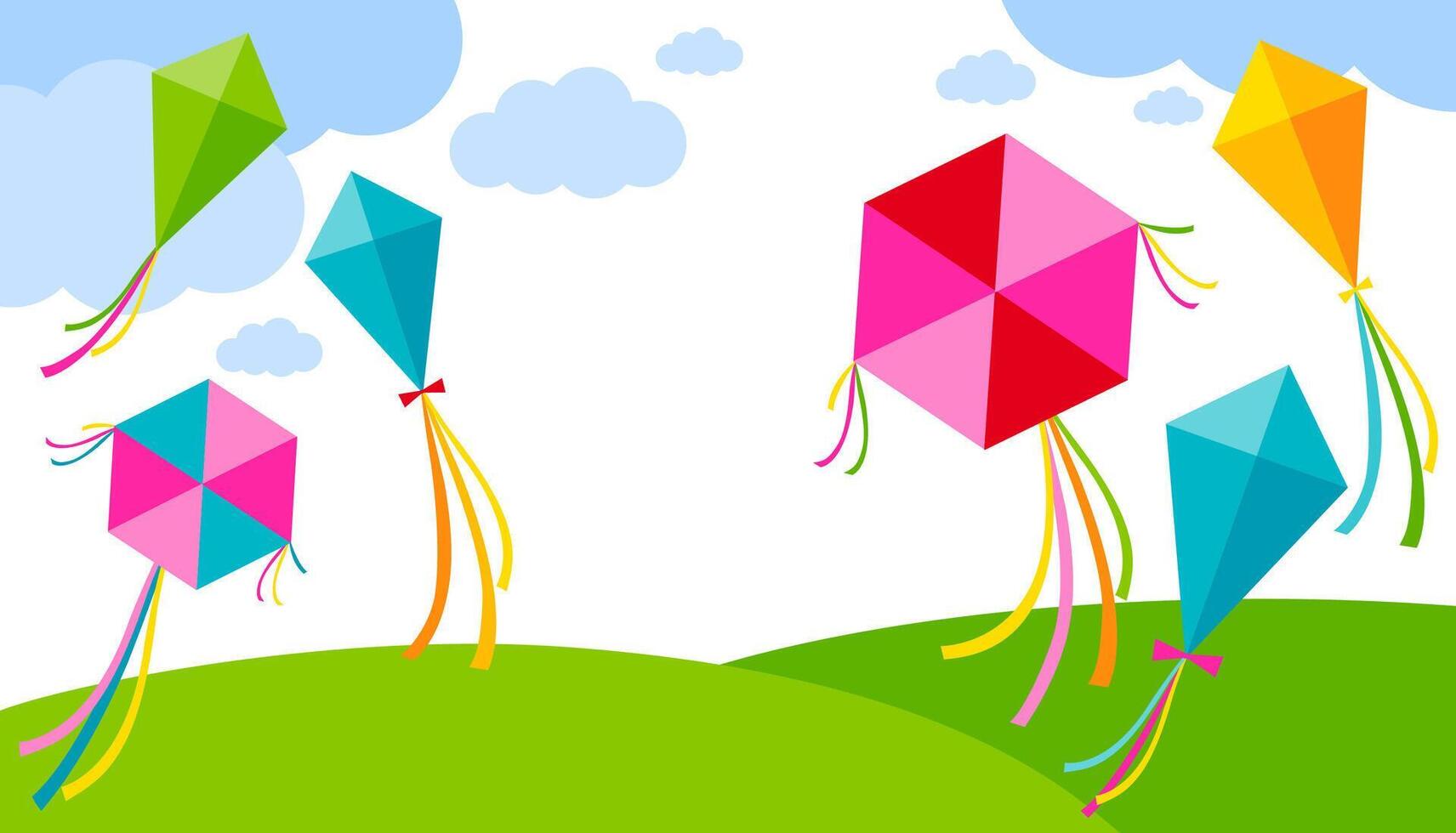 Beautiful banner background with colorful kites in the sky. Green meadow border with happy kites of various shapes and colors fly in the sky. vector