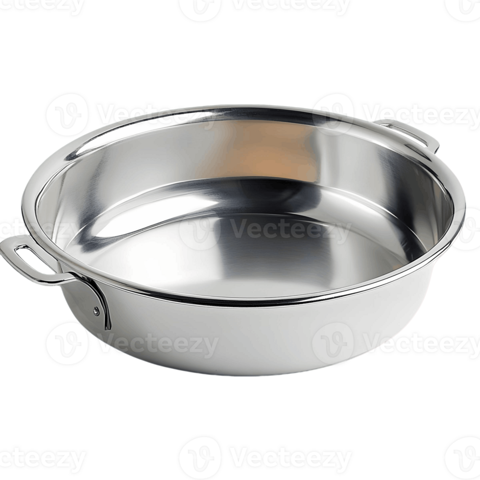 A silver pan with a handle sits on a transparent background png