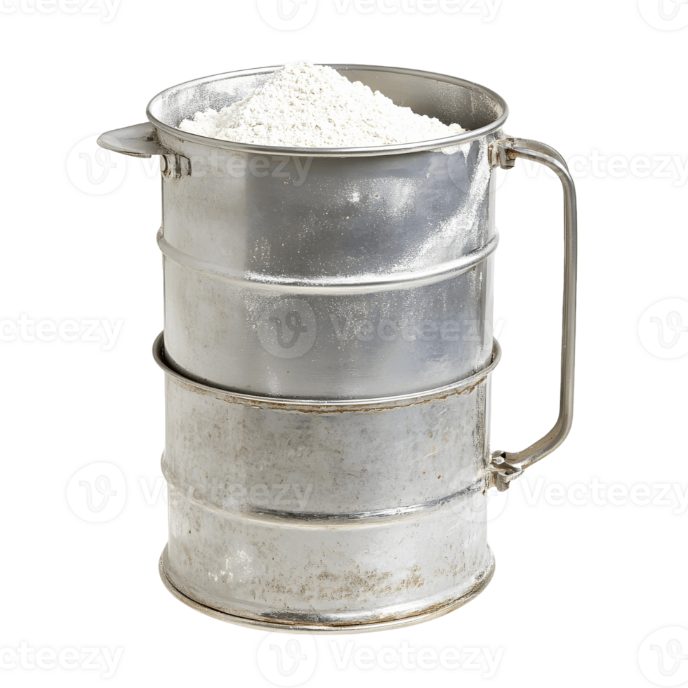 A silver container with a white powder inside png