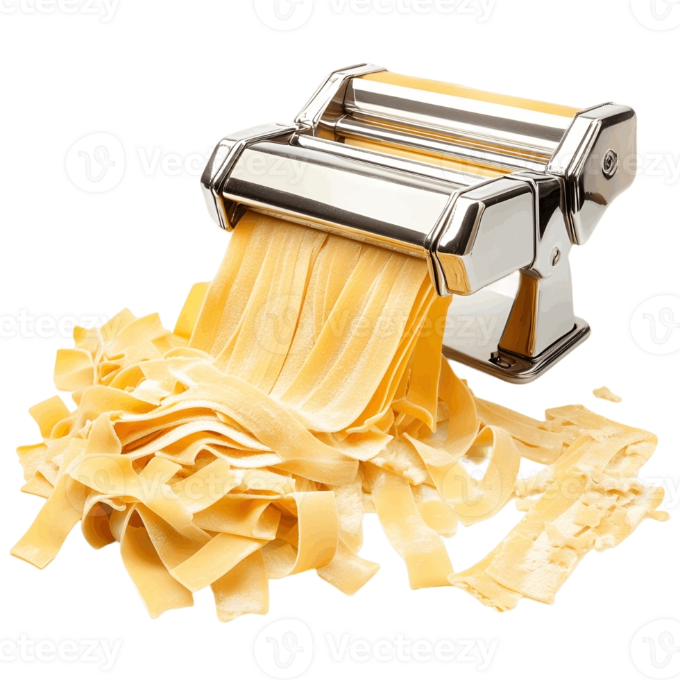 A pasta machine is shown with a pile of yellow noodles coming out of it png