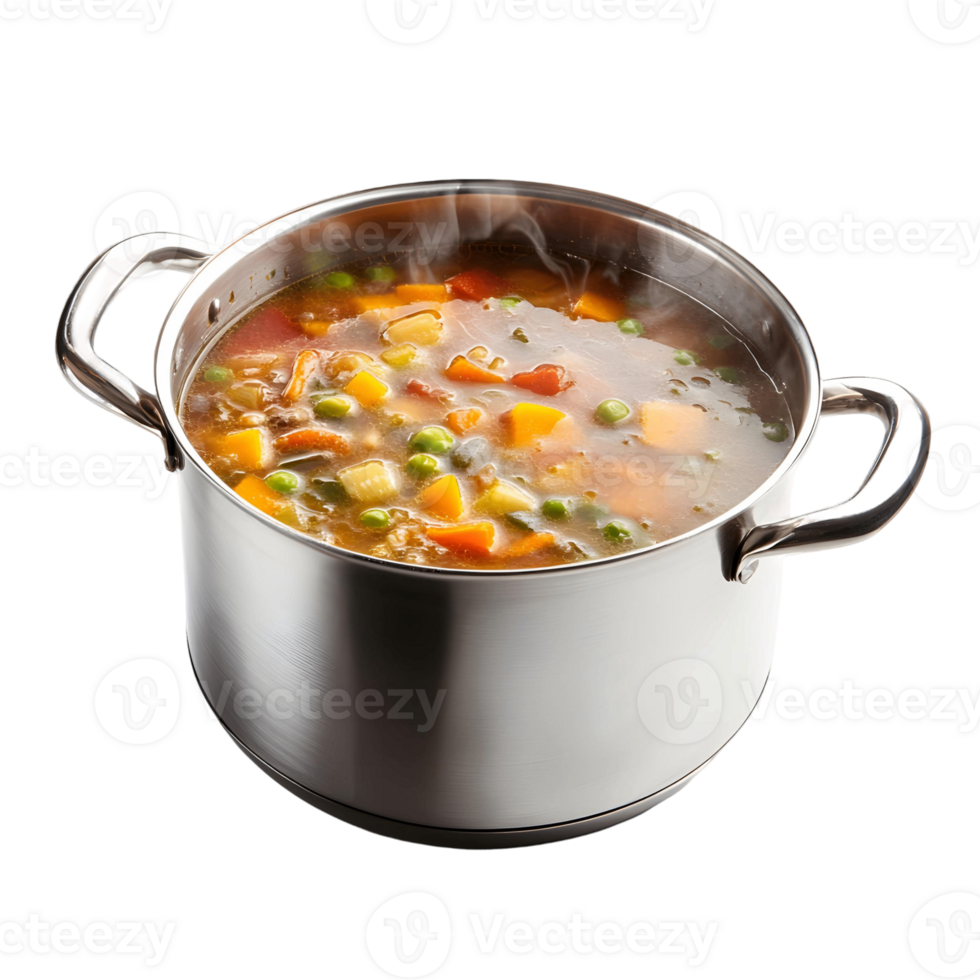 A large pot of soup with carrots and peas png