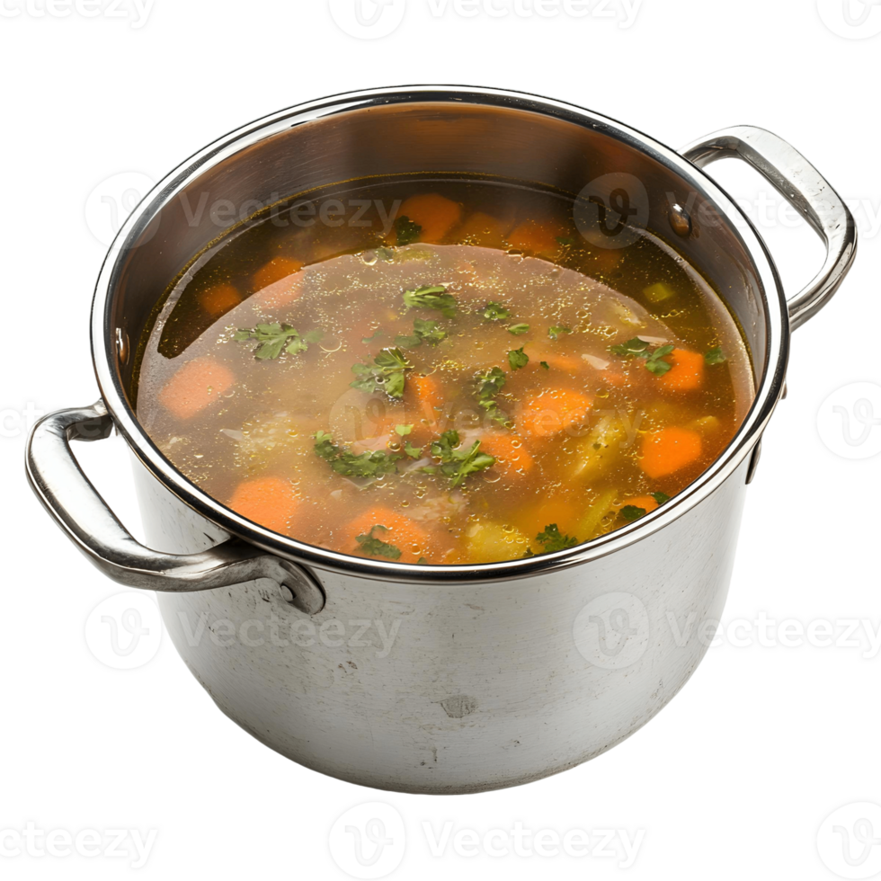 A large pot of soup with carrots and parsley png