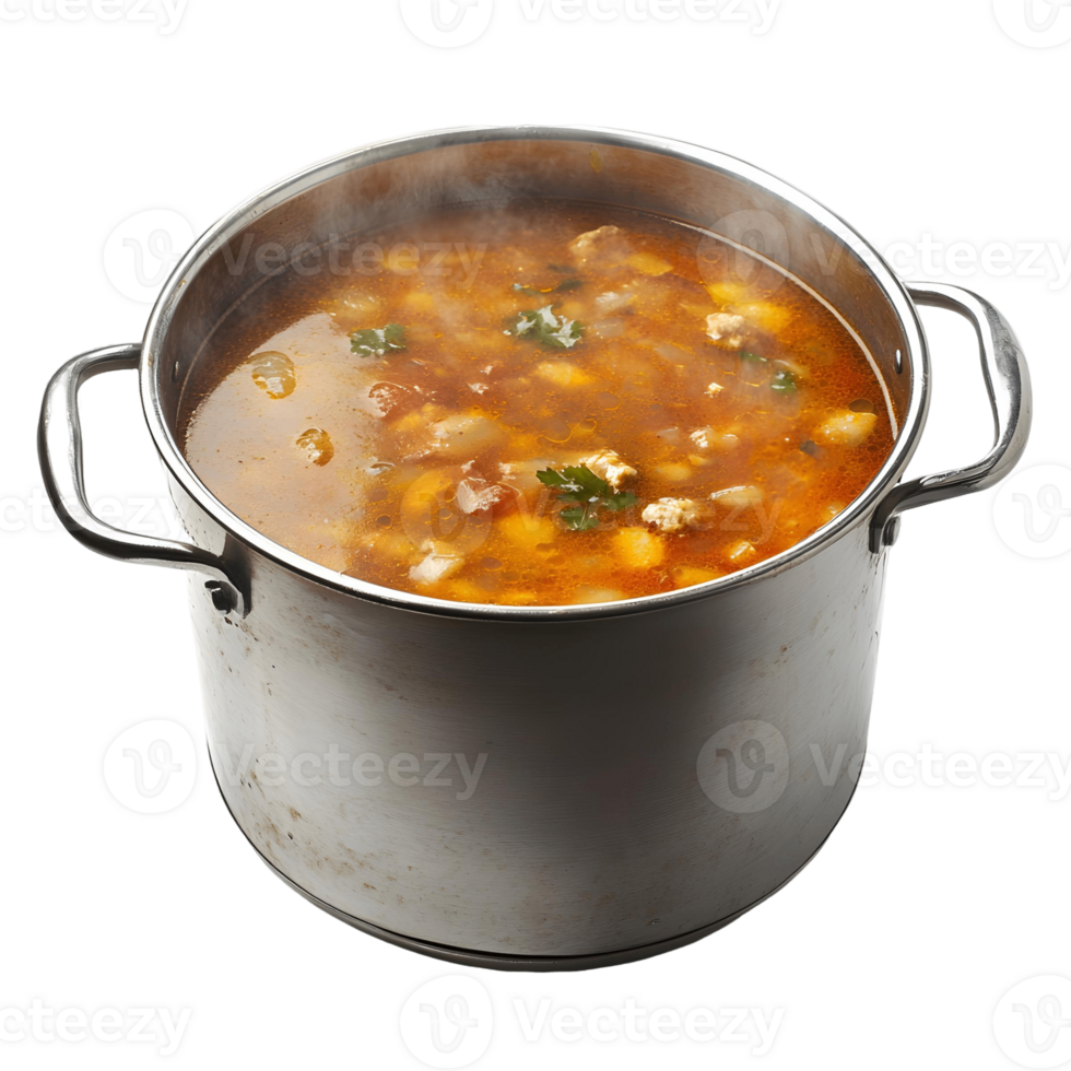 A large pot of soup is steaming on a transparent background png