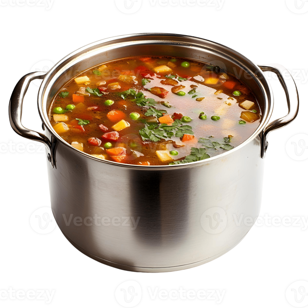 A large pot of soup with lots of vegetables and peas png