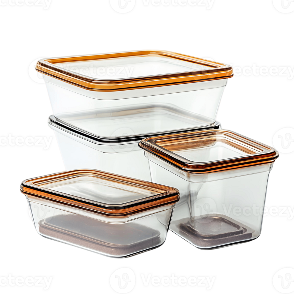 A set of four clear plastic containers with brown lids png