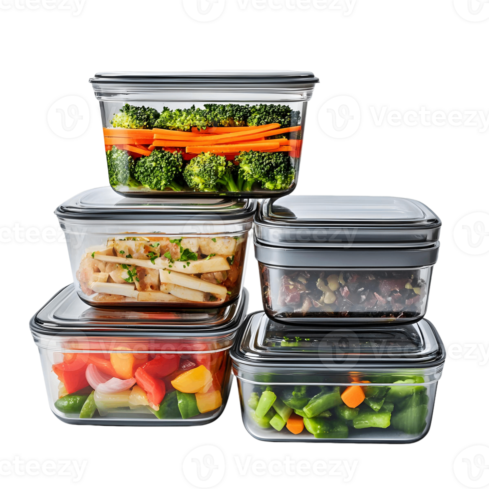 A stack of clear plastic containers filled with vegetables png