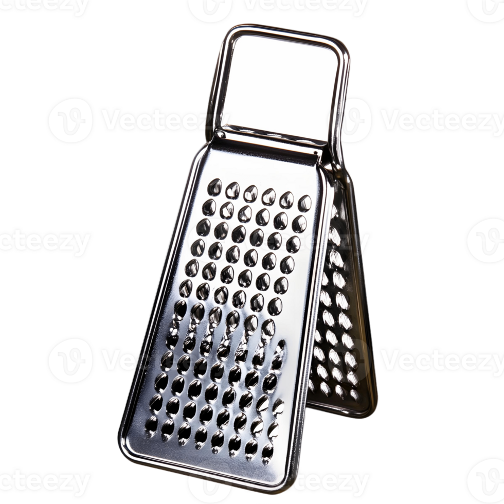 A silver grater with a handle is shown in a transparent background png