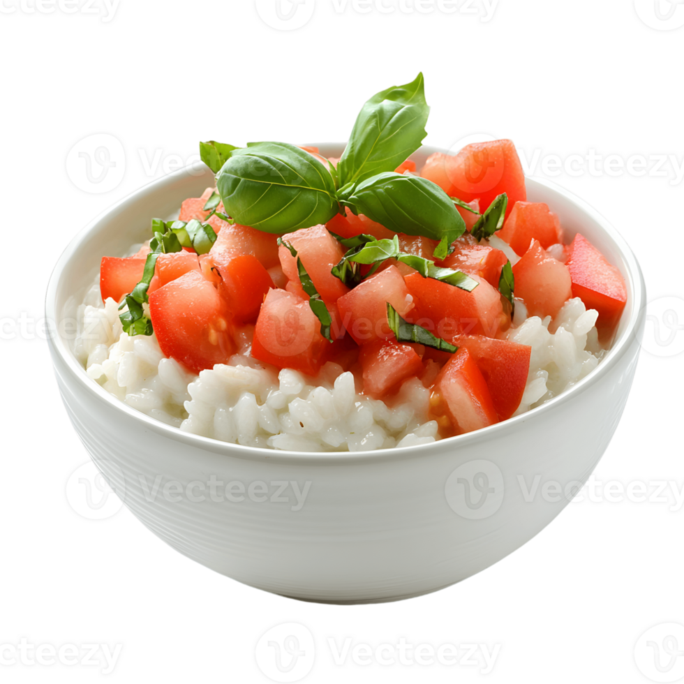 A bowl of risotto topped with fresh tomatoes and basil png