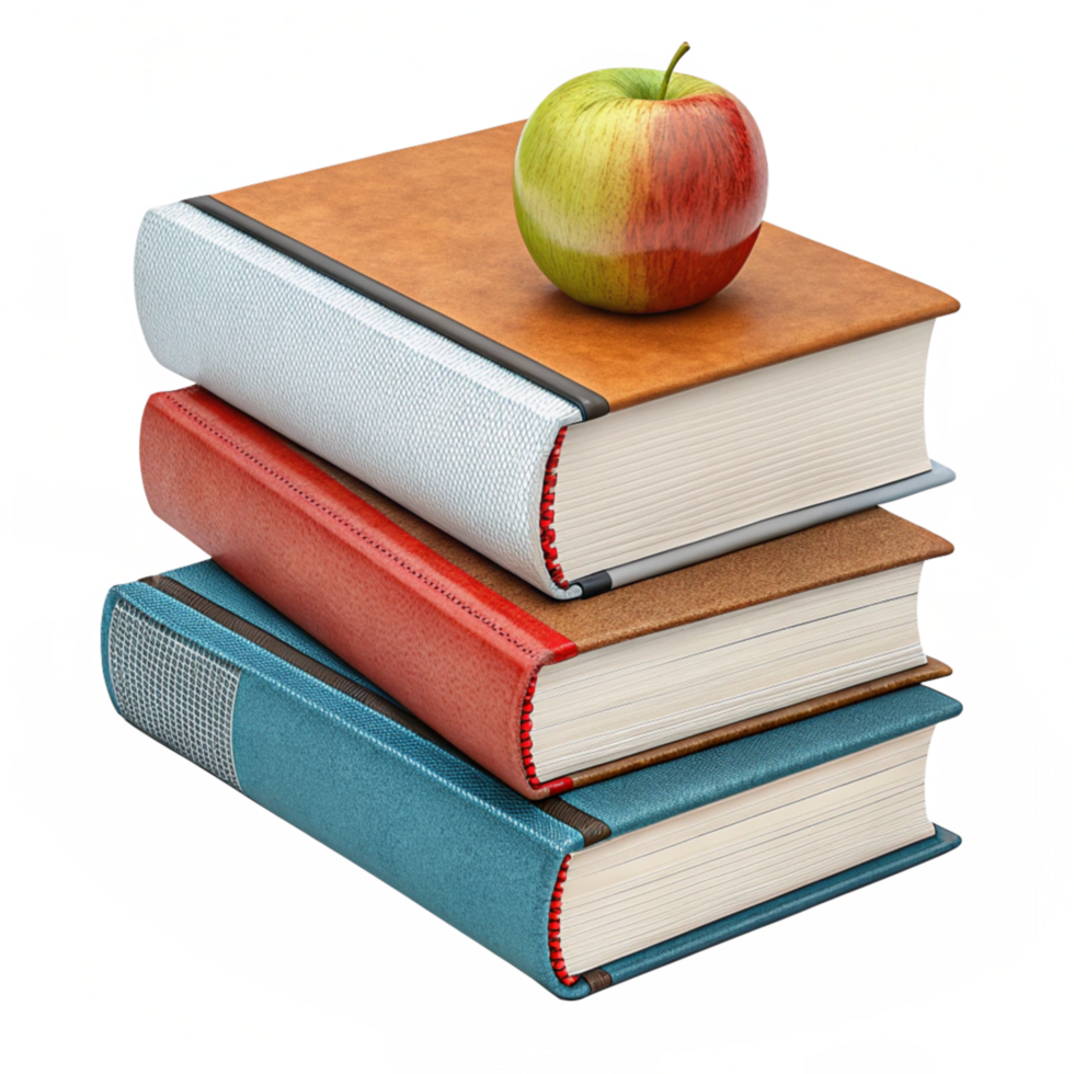 Stack of study Books with apple Transparent background image png