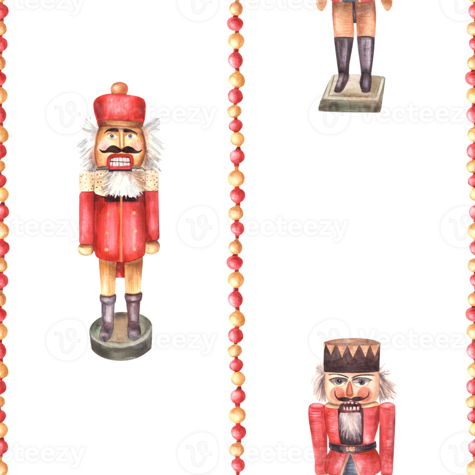 Nutcracker toy vertical striped red, gold balls garland, beads seamless pattern. Chrictmas traditional festive ornament with fairytale soldier Watercolor hand drawn illustration on isolated background png