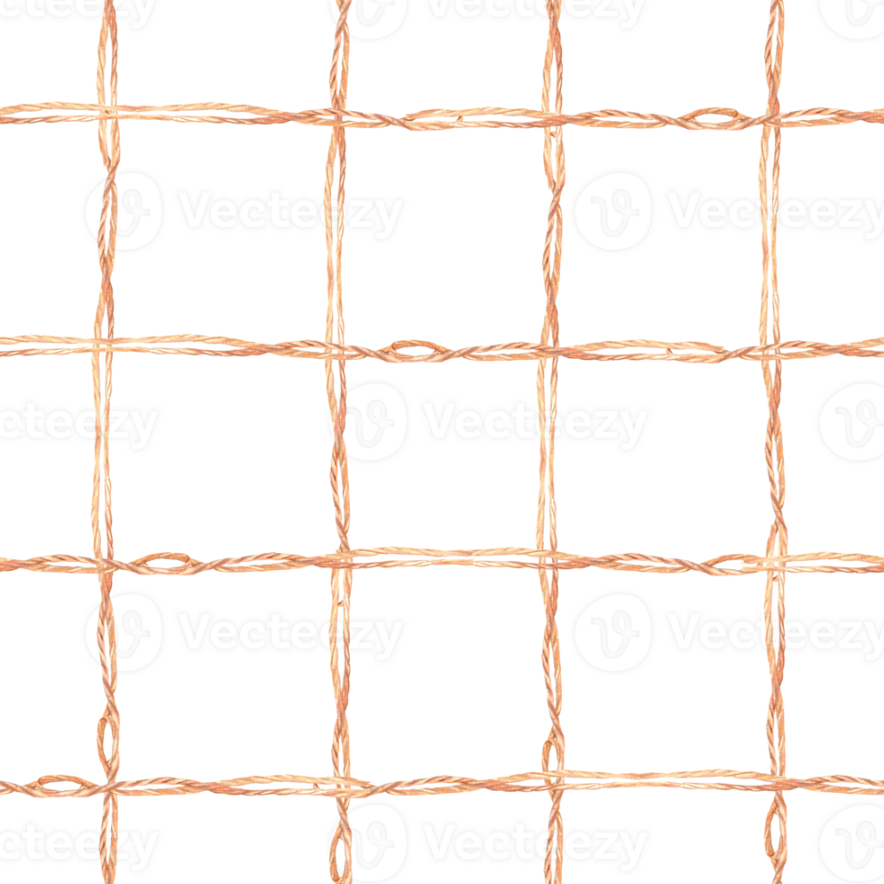 Checkered seamless patten Geometric print with crossed jute ropes, knots and loopes. Hand drawn watercolor illustration. Repeating ornament for fabric, packaging, tablecloths. Isolated from background png