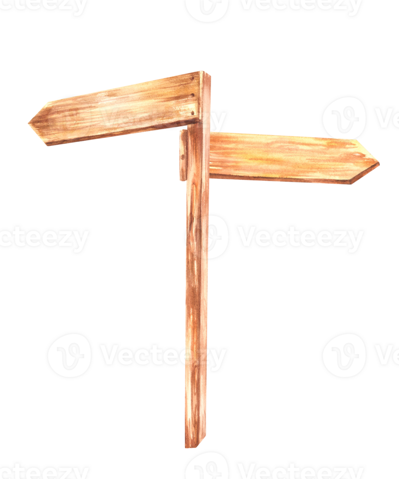 Wooden directional sign, arrow. Wooden signboards, board, banners, rustic plaque place name. Signs direction for pathfinding. Watercolor realistic clipart Hand drawn Illustration isolated background png