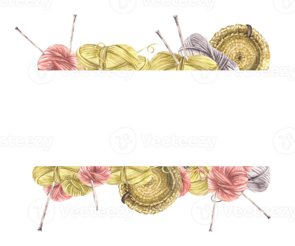 Balls of yarn, threads with knitting needles and knitted basket rectangular frame. Skeins of string. Watercolor hand drawn illustration for hobby, handicrafts label template isolated from background png
