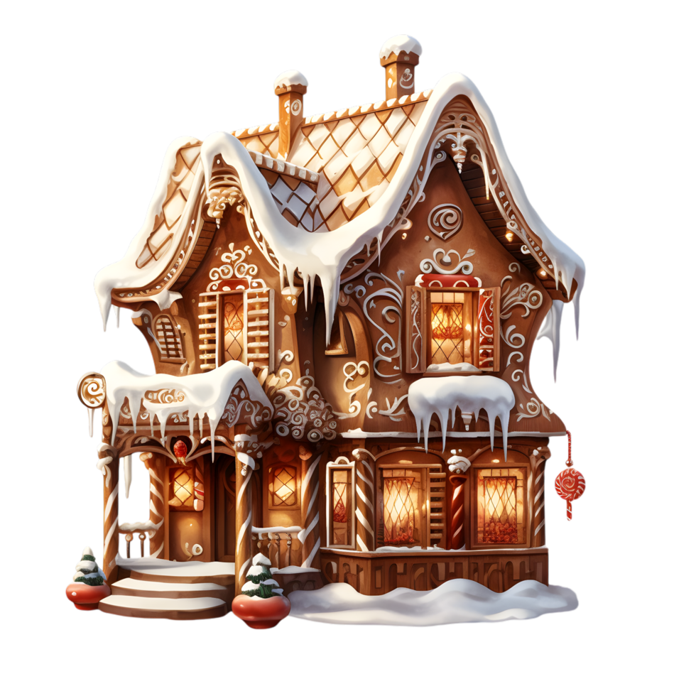 5. Festive Gingerbread House with Snow Icing and Warm Light Details png