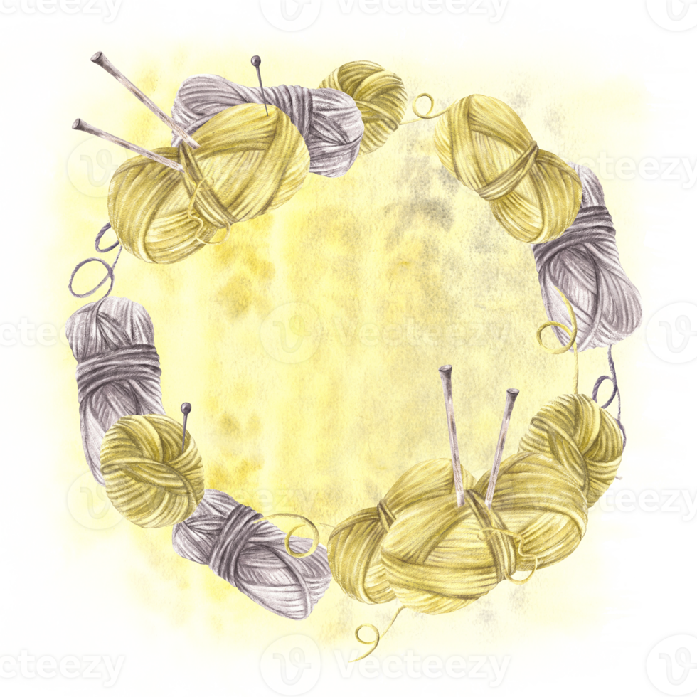 Balls of yarn with knitting needles circle frame, wreath on watercolor herringbone textured brush stroke isolated background. Skein of hobby knitting thread round card template Hand drawn illustration png