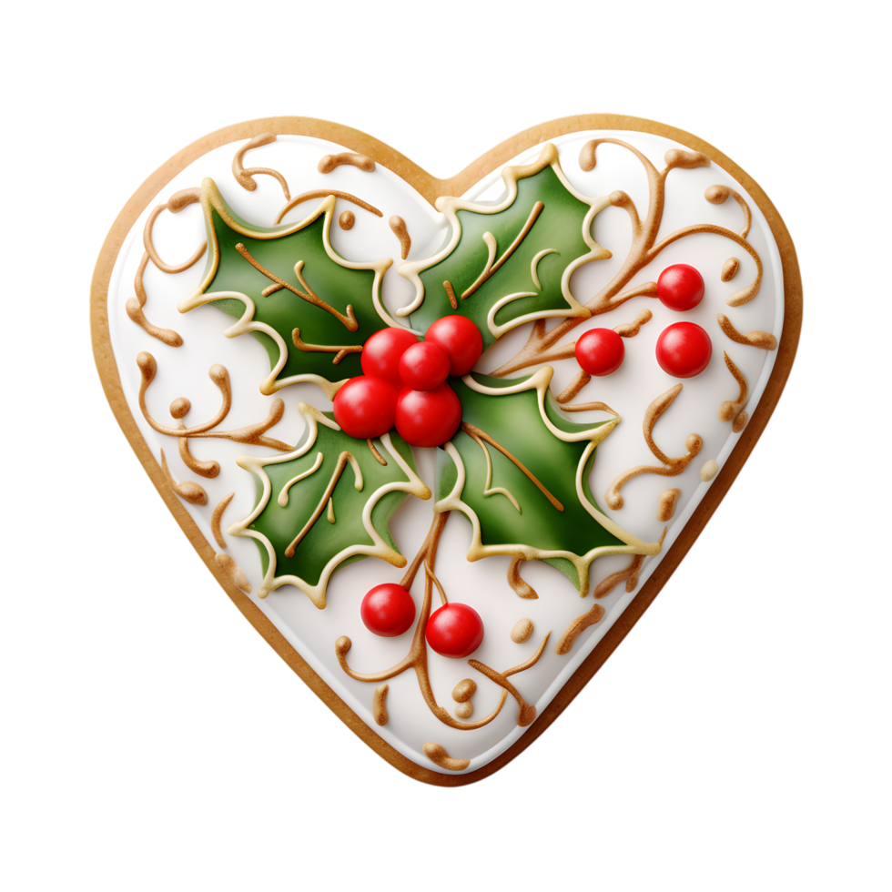 9. Festive Heart-Shaped Cookie with Holly and Icing png