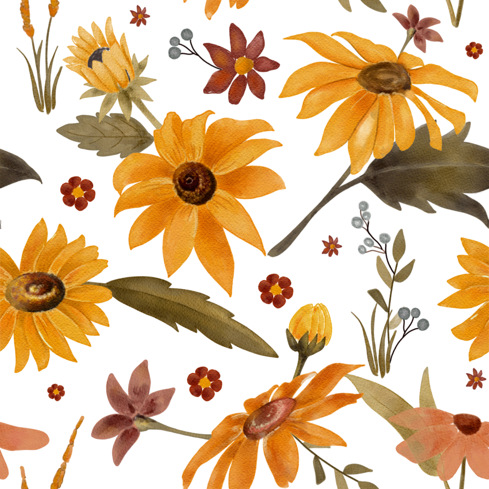 Seamless watercolor pattern featuring large, vibrant sunflowers with lush green leaves, complemented by red, orange, and blue blossoms in warm autumn tones perfect for seasonal projects, fabric png