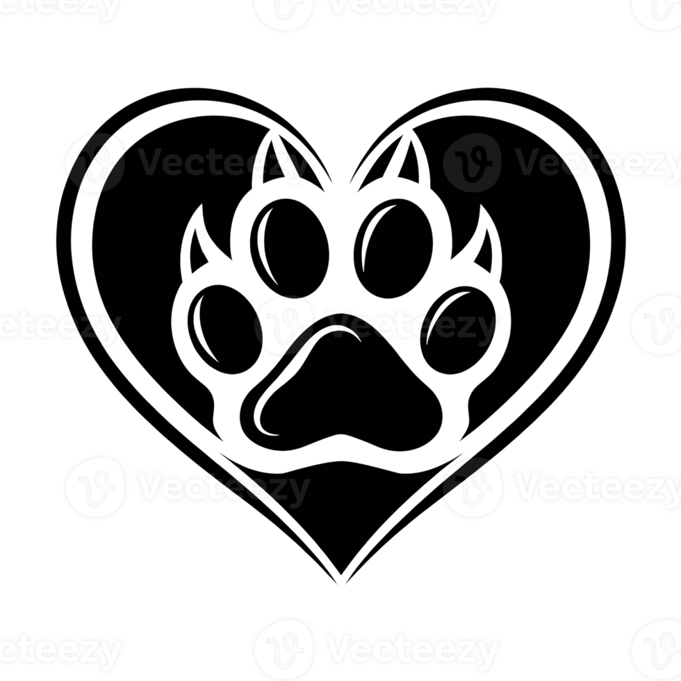 A black and white drawing of a heart with a paw print png