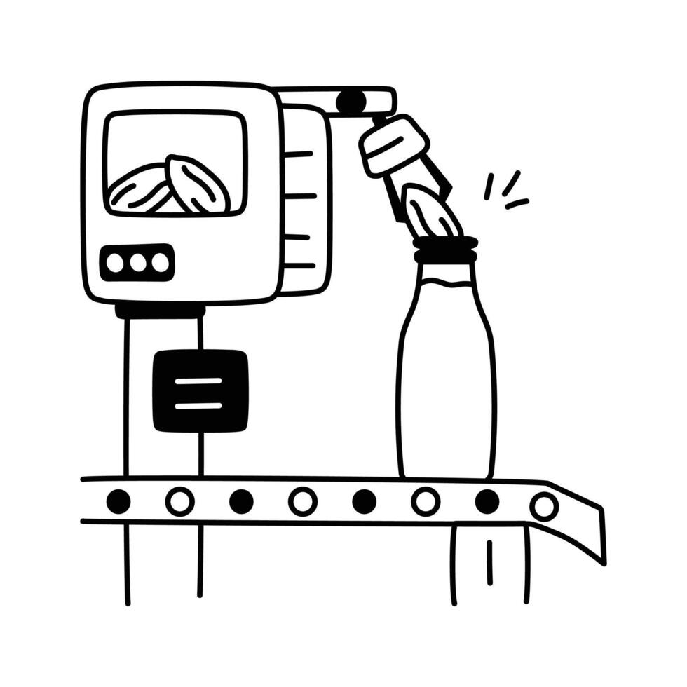 Illustration of a machine adding almonds to a bottle on a factory production line vector