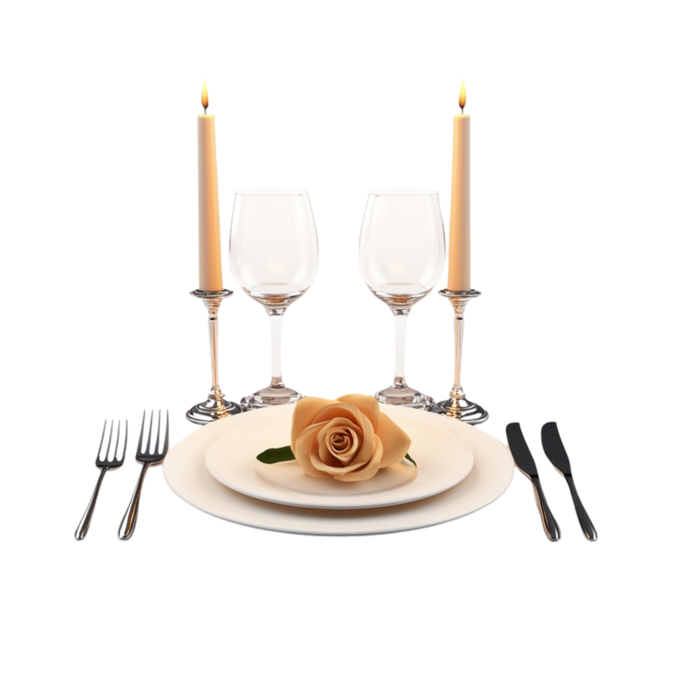 a table setting with two candles and a rose png