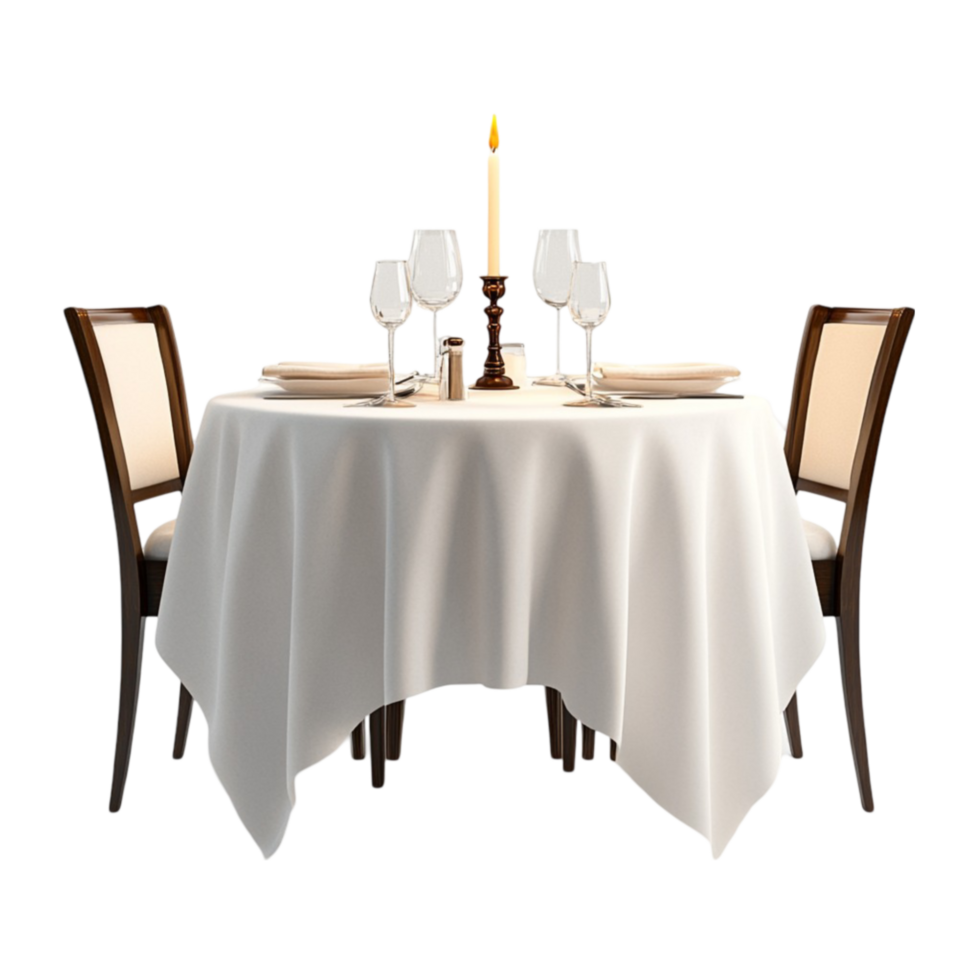 a table with two chairs and a tablecloth png