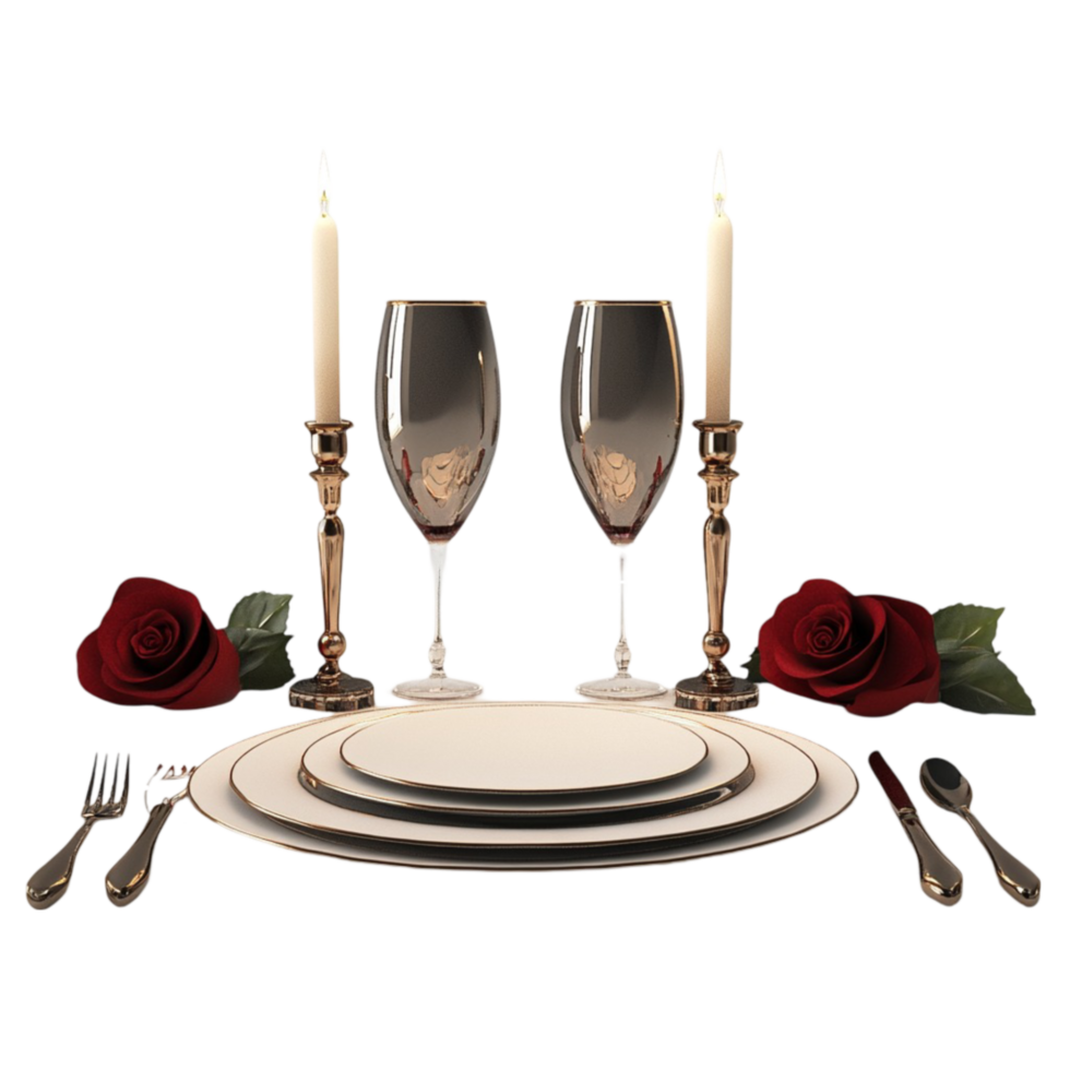 a table setting with two glasses and two roses png