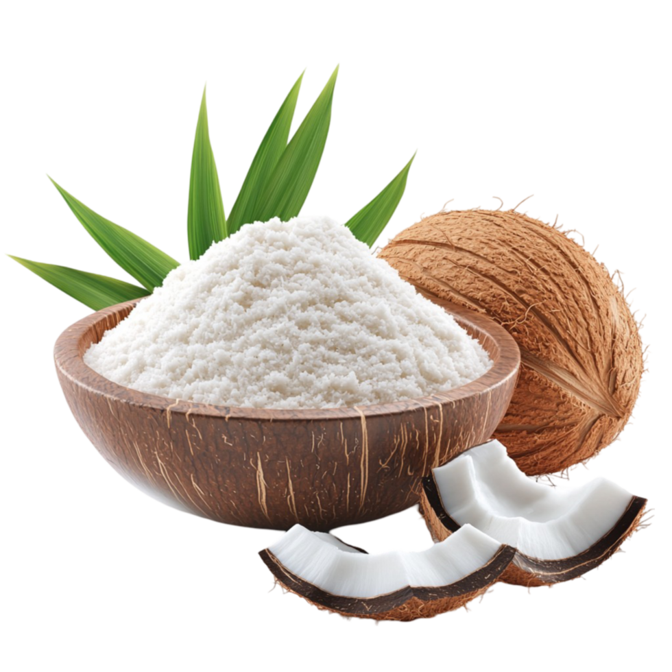 Coconut Powder Bowl and Leaves Organic Tropical Vibes png
