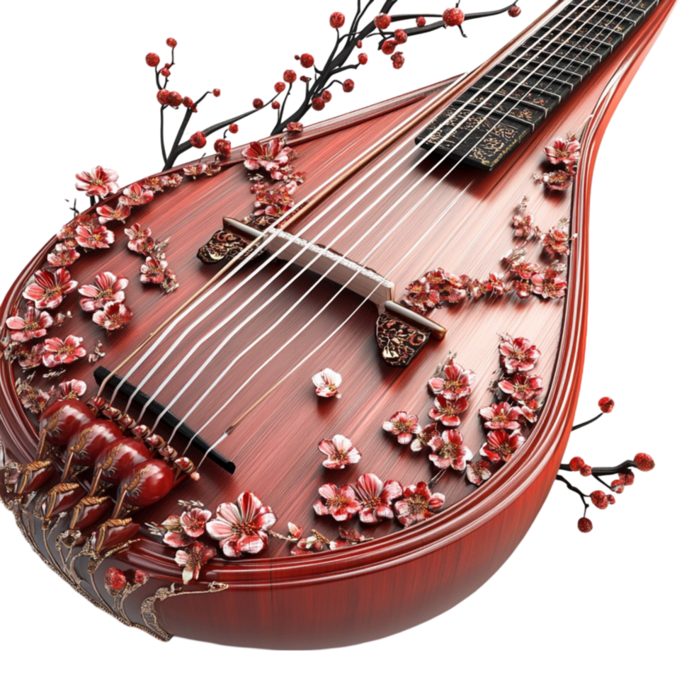 a red guitar with cherry blossoms on it png