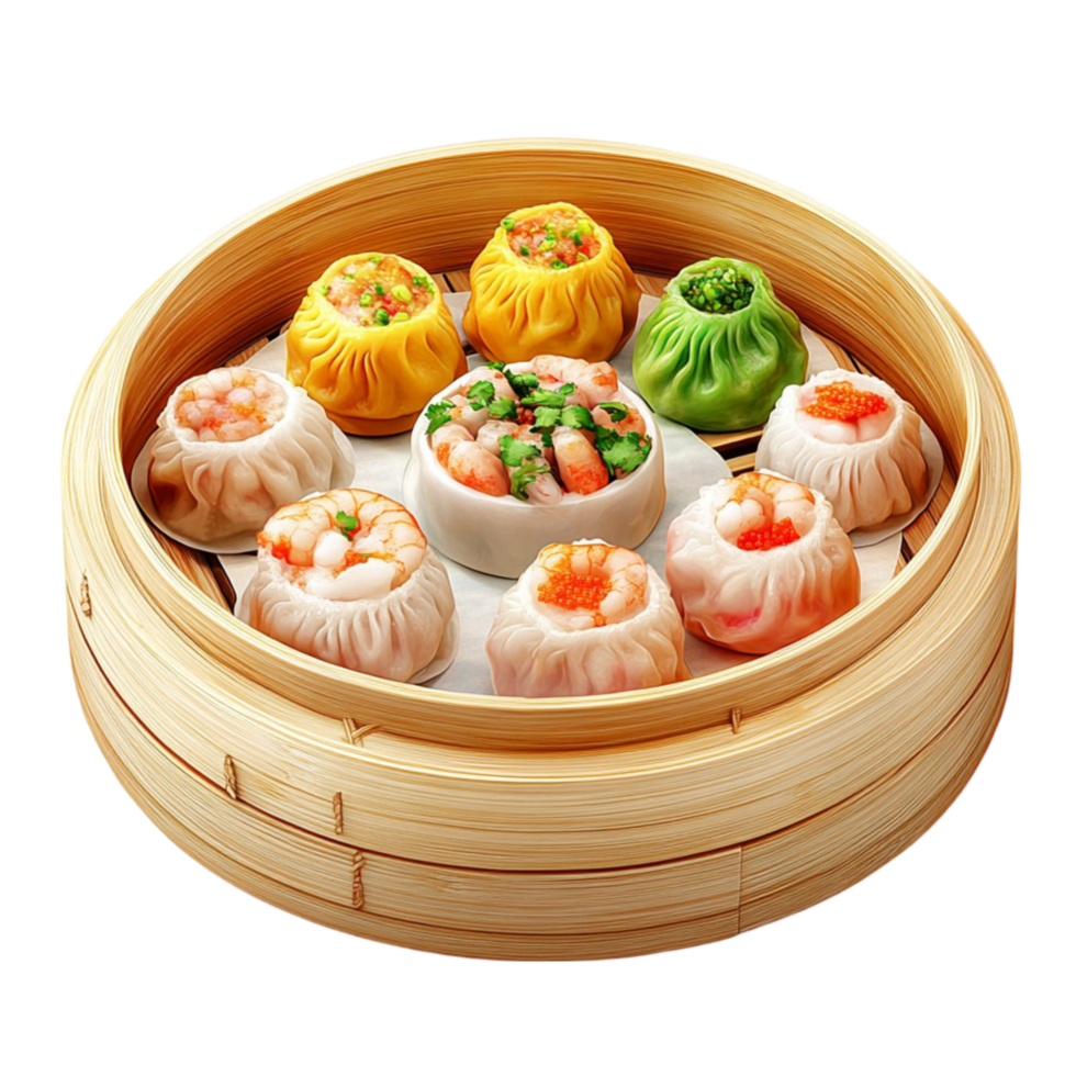 Steamed Dumplings Served in Bamboo Basket png