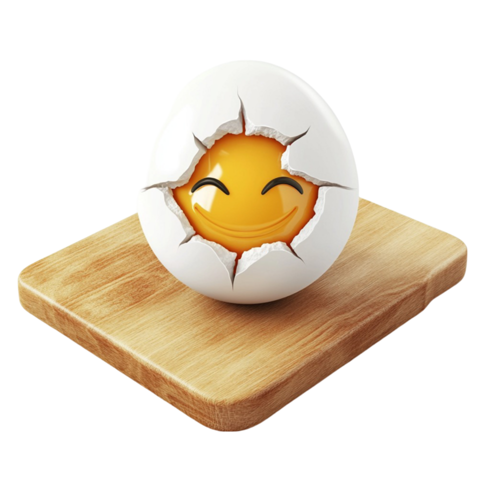 An egg with a smiley face on top of a wooden cutting board png