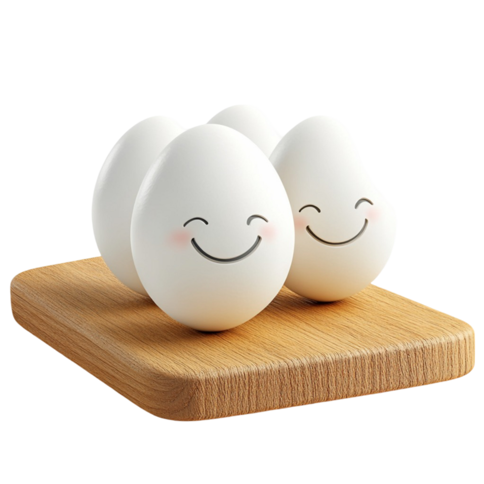 Three eggs on a wooden board with a smiley face png