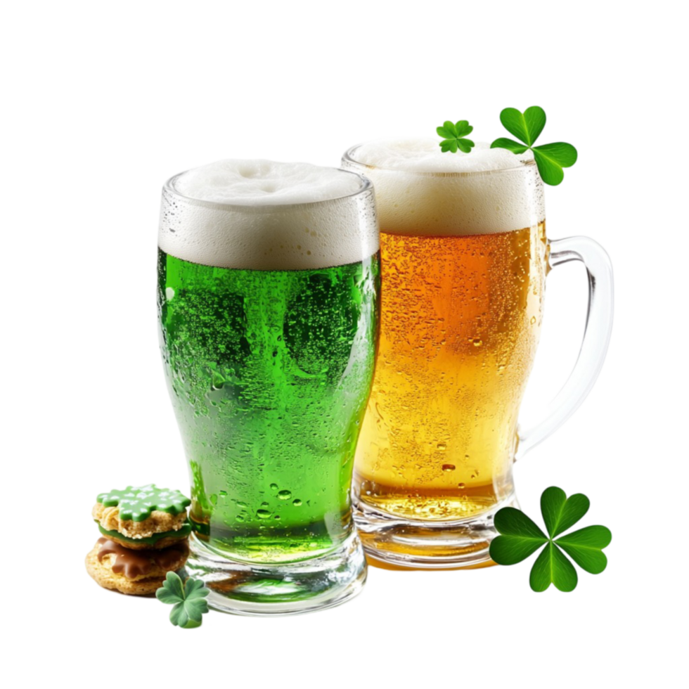 Two beer glasses with green and white foam png