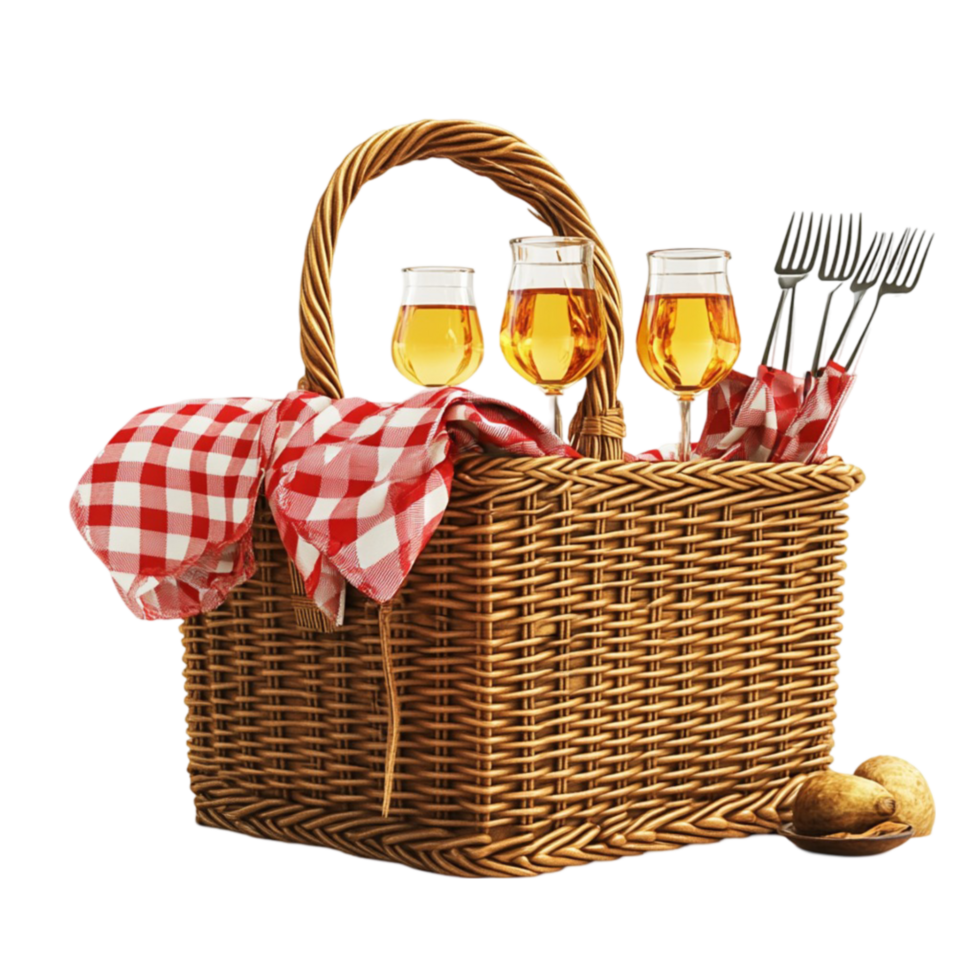 Picnic basket with wine glasses and forks png