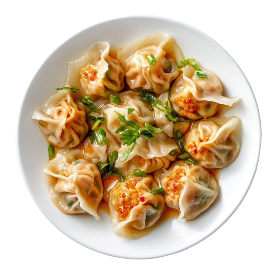 A plate of dumplings with sauce and green onions png