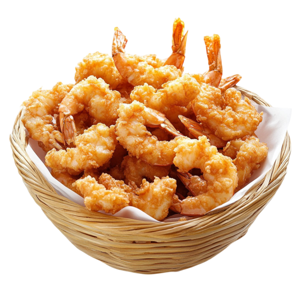 A basket filled with fried shrimp on a black background png