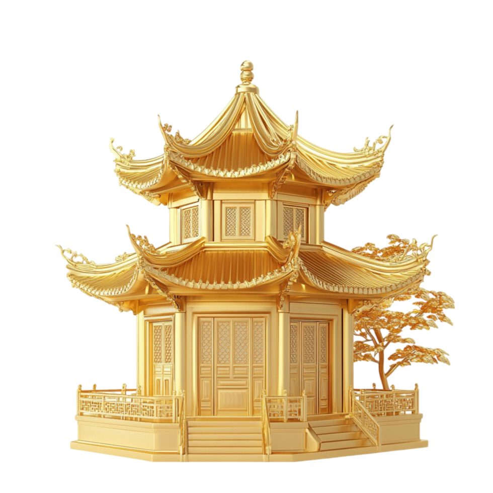 A golden chinese pagoda with a tree in the background png