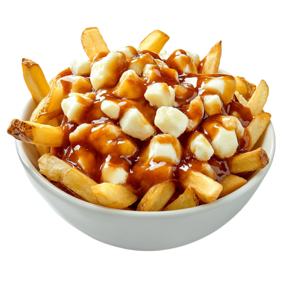 A bowl of french fries with gravy and cheese png
