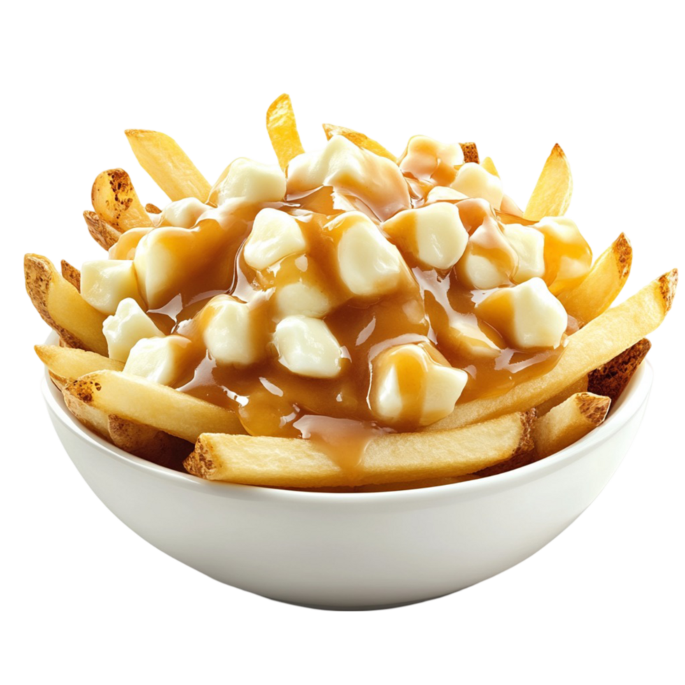 A bowl of french fries with caramelized onions and cheese png