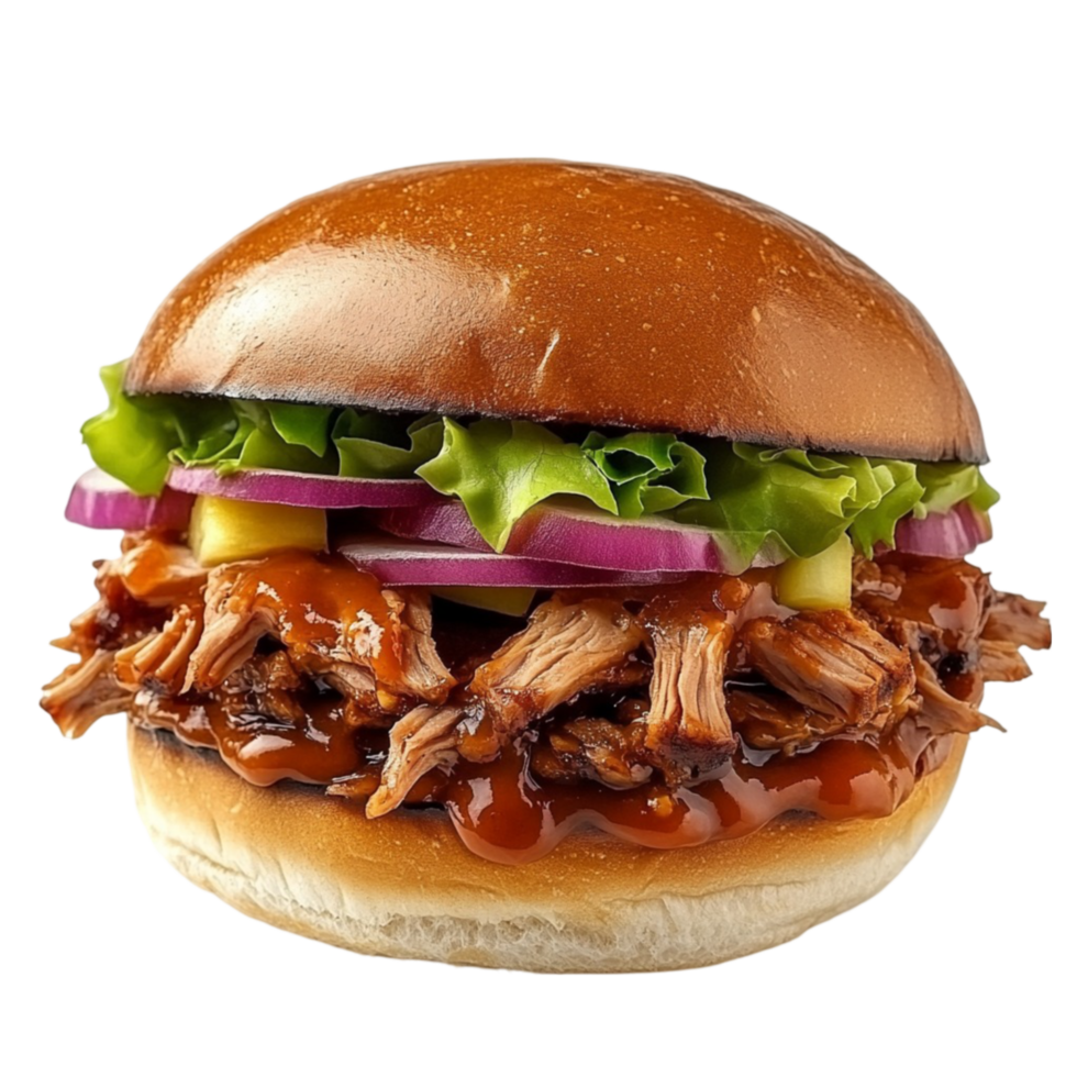 A pulled pork sandwich with bbq sauce on a bun png