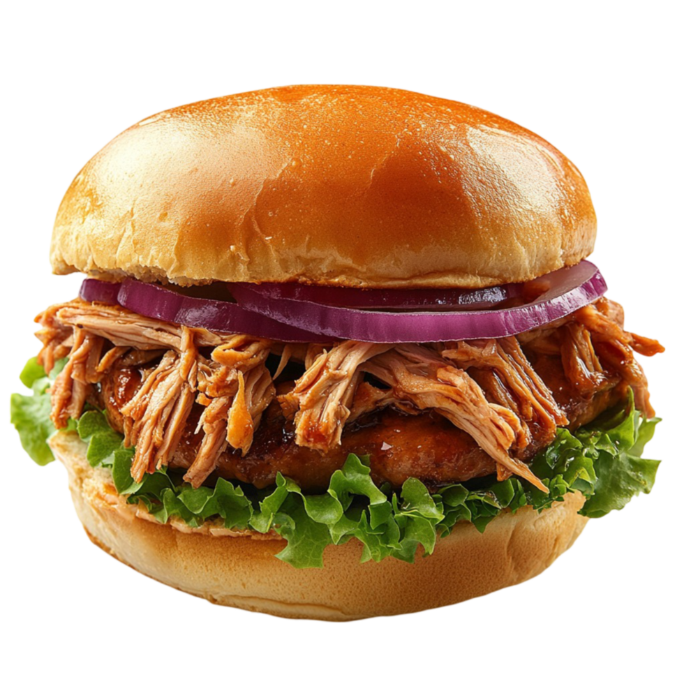 A pulled pork sandwich with lettuce and onions png