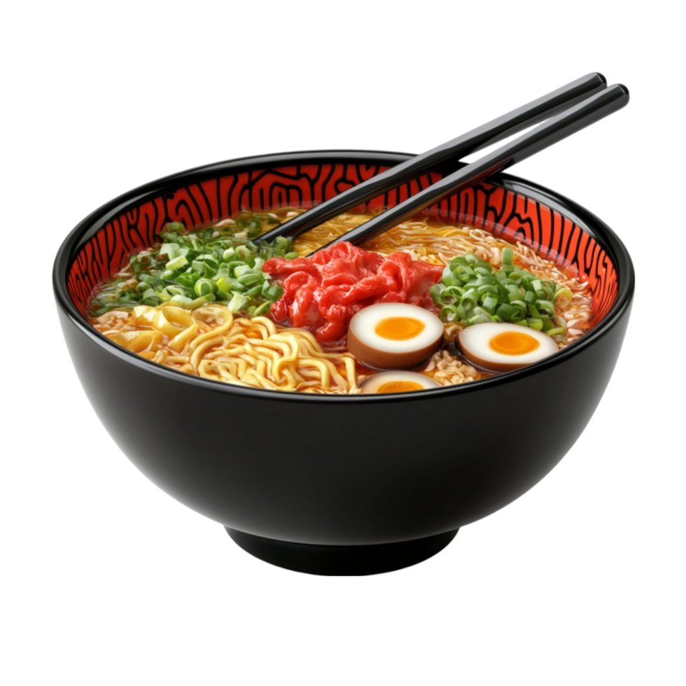 A bowl of ramen with chopsticks and eggs png