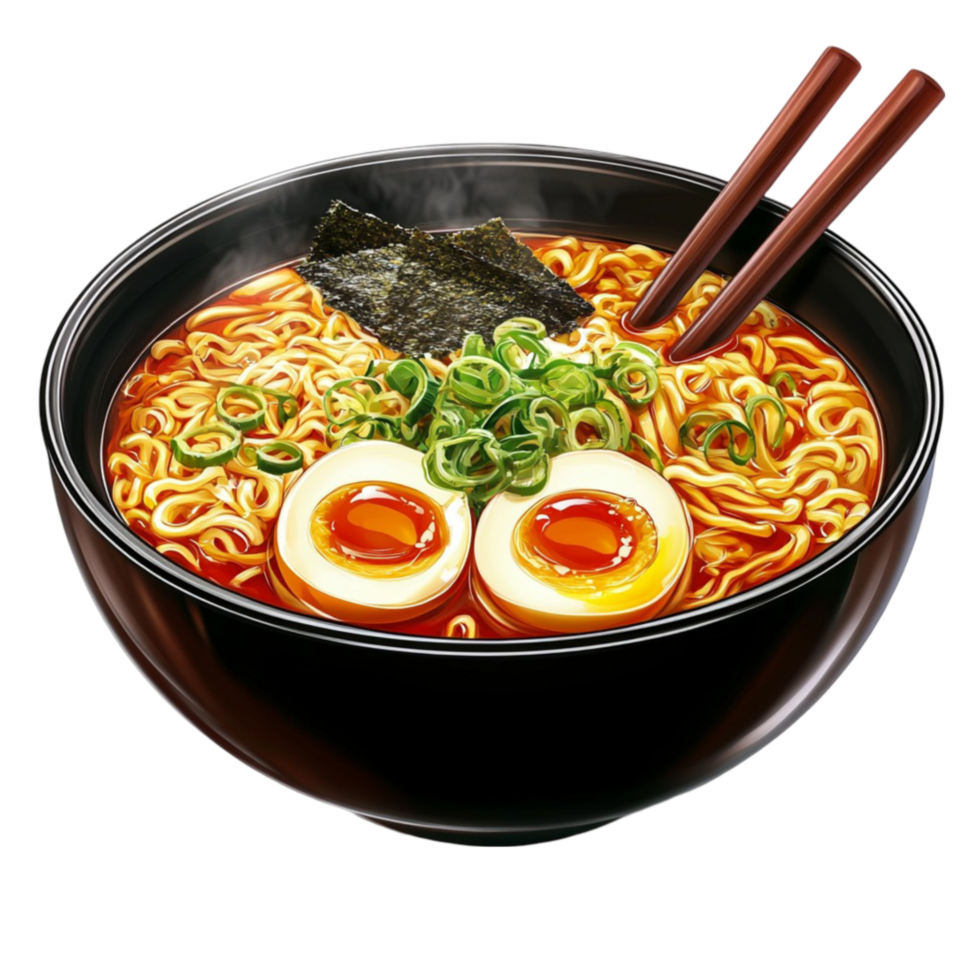 A bowl of ramen with two eggs and chopsticks png