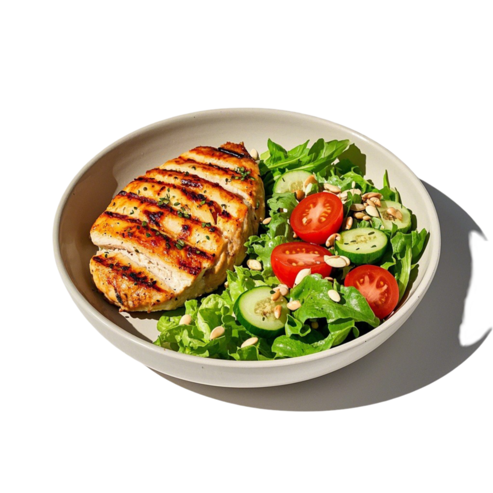 A plate with a chicken breast and salad png