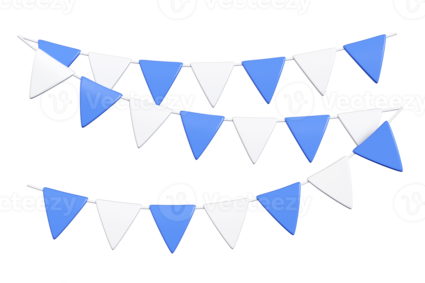 Party border made from triangular bunting flags in alternating blue and white colors. 3d render png