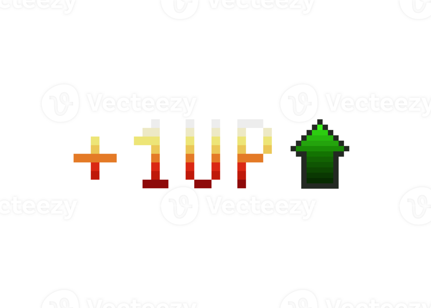 A retro vintage 8 bit style, with the text message Plus One, Up level and a green arrow pointing upwards. Isolated. png