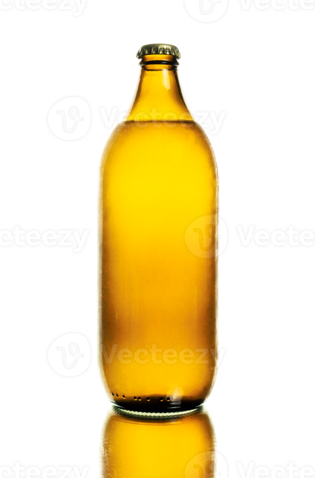 A bottle of beer over a mirror, with water condensation on the surface because it's cold. Isolated. png